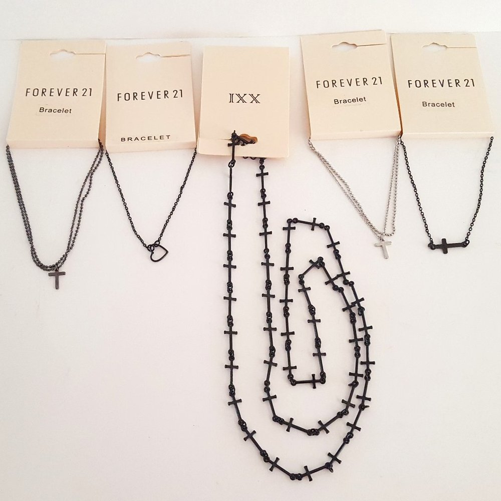 Cross Necklace & 4 Metal Bracelets: 1 Heart/3 Cross